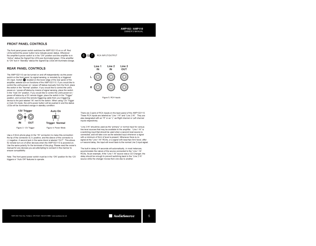AudioSource Home Audio Multi-Zone Power Amplier, AMP102, AMP110 owner manual Front Panel Controls, Rca Input/Output 