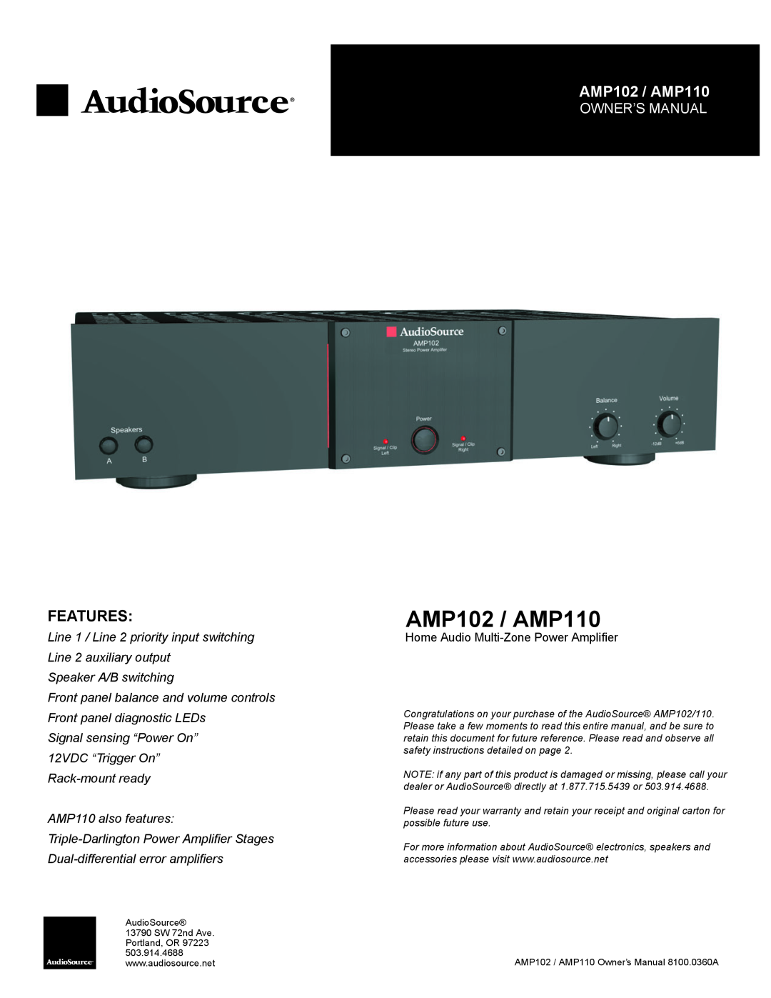 AudioSource Home Audio Multi-Zone Power Amplier owner manual AMP102 / AMP110, Features 