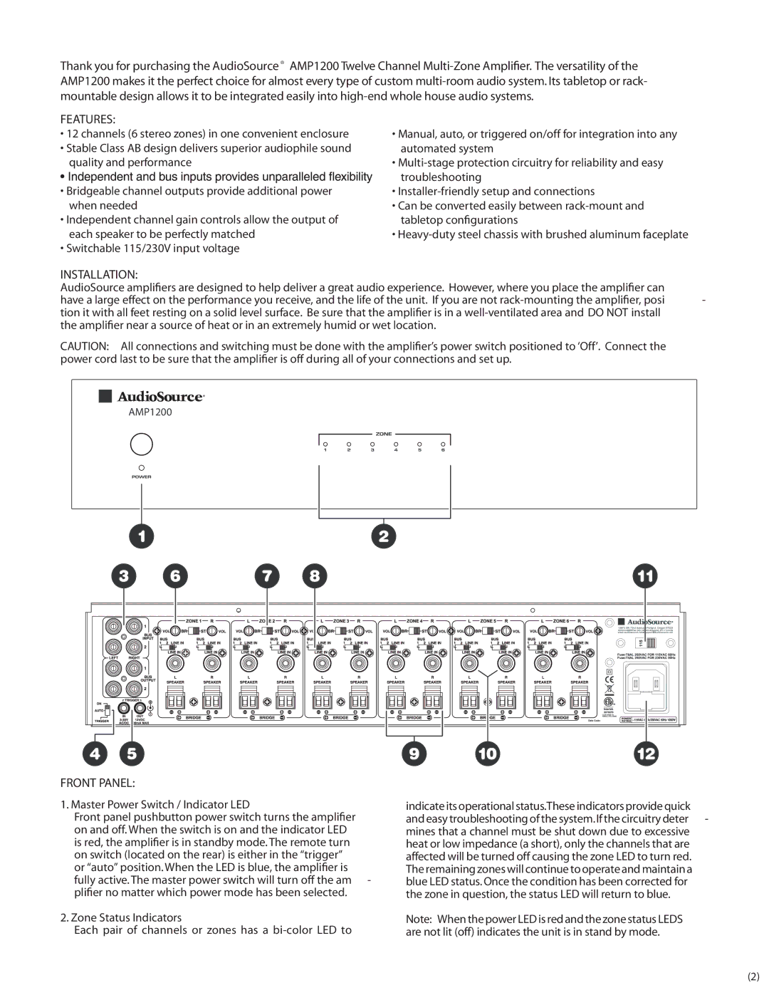 AudioSource AMP1200 Features, Installation, Front Panel, Master Power Switch / Indicator LED, Zone Status Indicators 