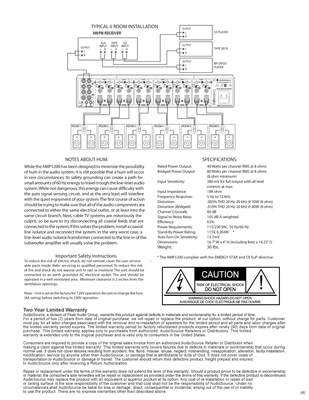 AudioSource AMP1200 Typical 6 Room Installation, Important Safety Instructions, Specifications, Two Year Limited Warranty 