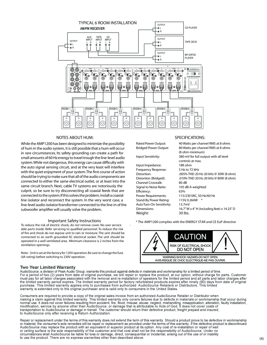 AudioSource AMP1200 TYPICAL 6 ROOM INSTALLATION, Notes About Hum, Important Safety Instructions, Specifications, Weight 