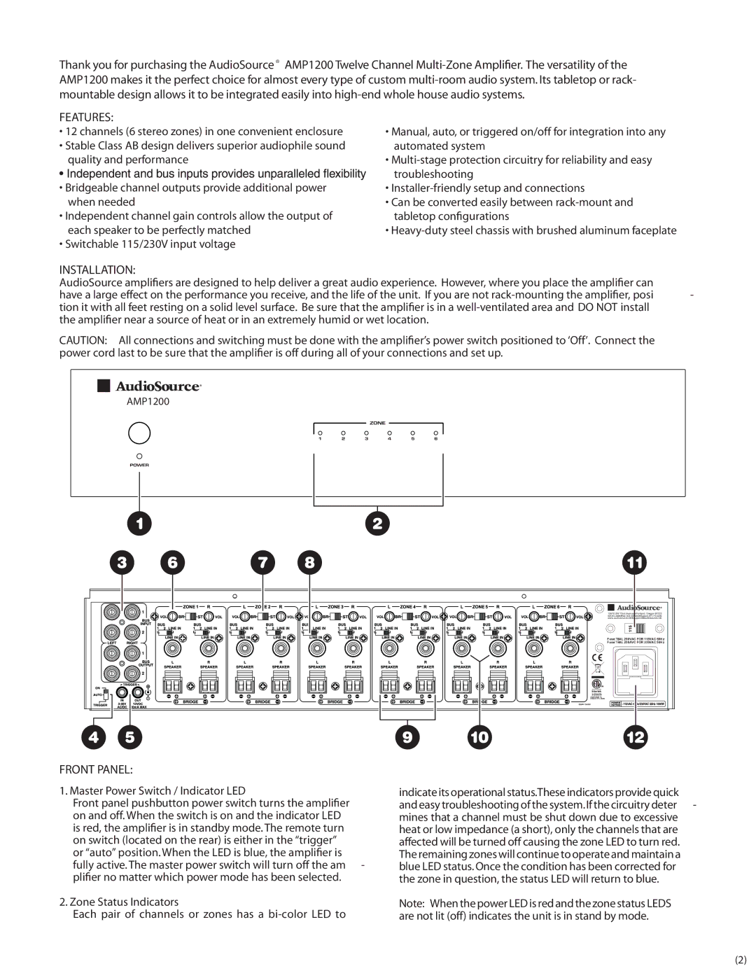 AudioSource AMP1200 Features, Installation, Front Panel, Master Power Switch / Indicator LED, Zone Status Indicators 