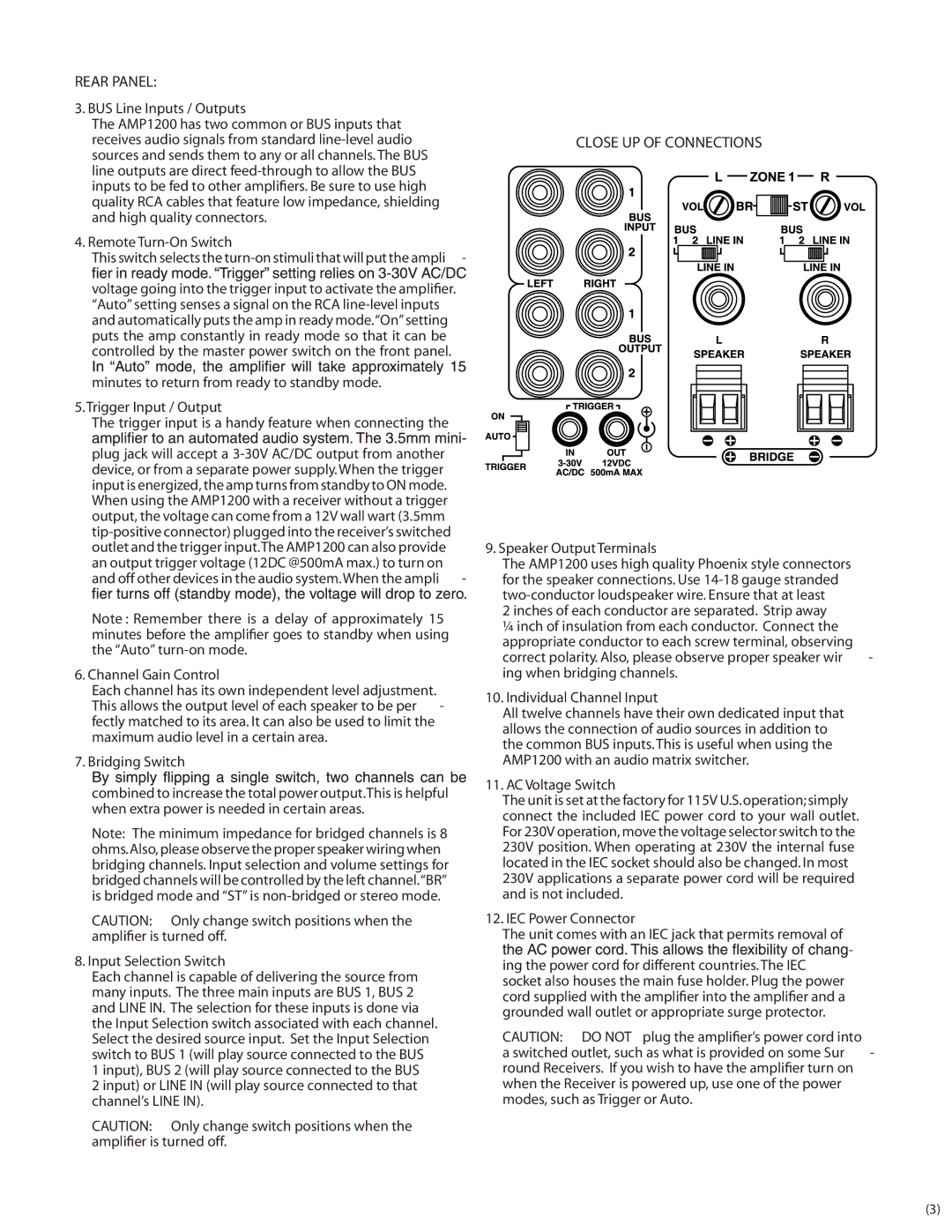 AudioSource AMP1200 user manual Rear Panel 