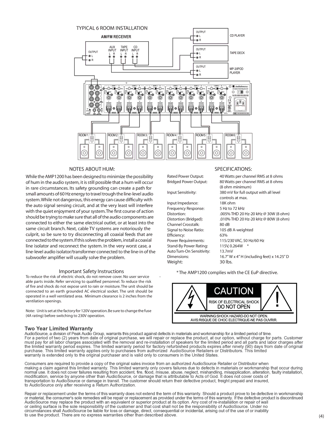 AudioSource AMP1200 Typical 6 Room Installation, Important Safety Instructions, Specifications, Two Year Limited Warranty 