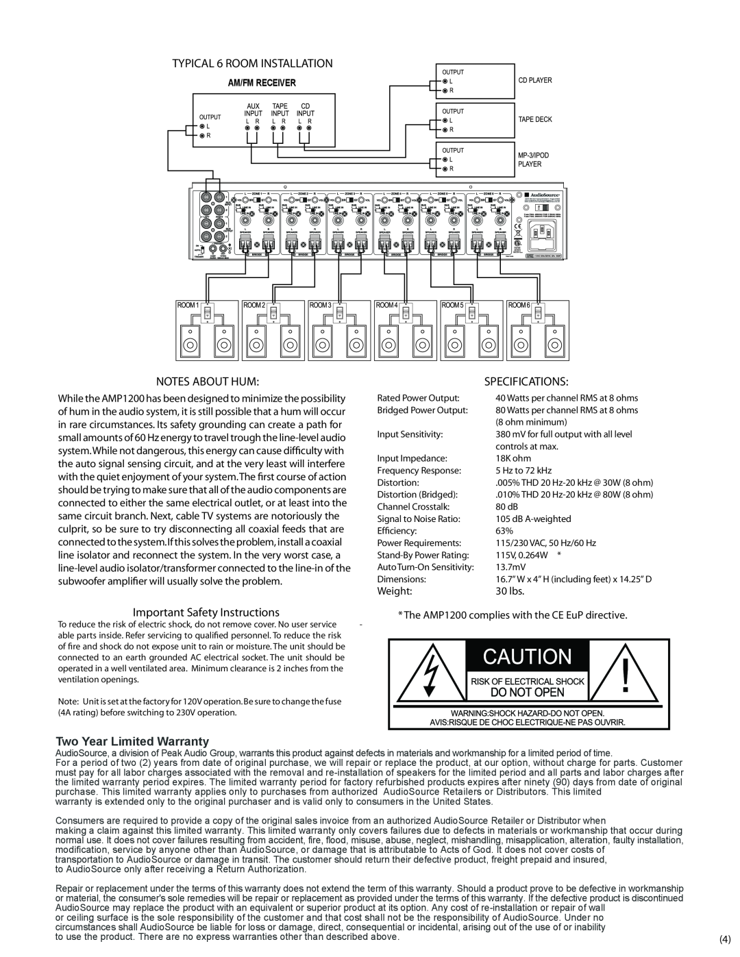 AudioSource AMP1200 TYPICAL 6 ROOM INSTALLATION, Notes About Hum, Important Safety Instructions, Specifications, Weight 