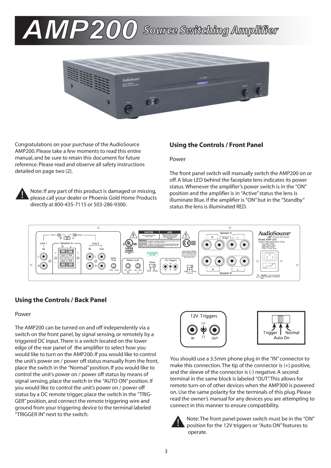 AudioSource AMP200 owner manual Using the Controls / Front Panel, Using the Controls / Back Panel 