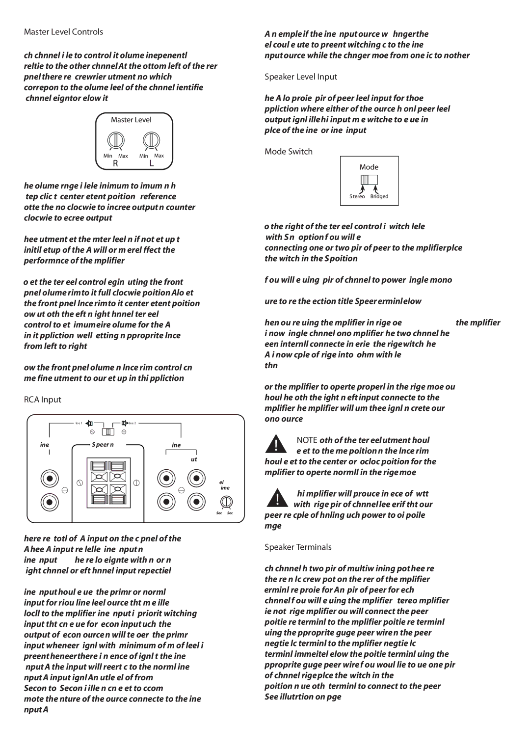 AudioSource AMP200 owner manual Master Level Controls, RCA Input, Speaker Level Input, Mode Switch, Speaker Terminals 