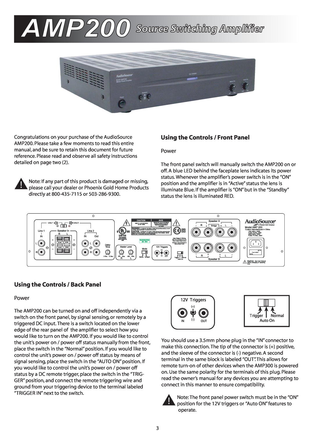 AudioSource AMP200 Source Switching Amplifier, Using the Controls / Front Panel, Using the Controls / Back Panel, Power 
