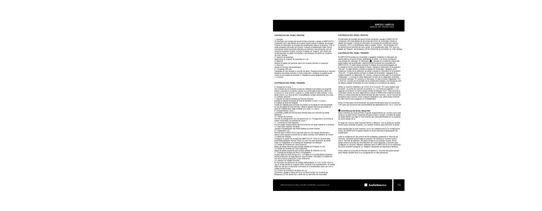 AudioSource AMP210 / AMP310 Controles DEL Panel Frontal, Controles DEL Panel Trasero, Controles DE Nivel Maestro 