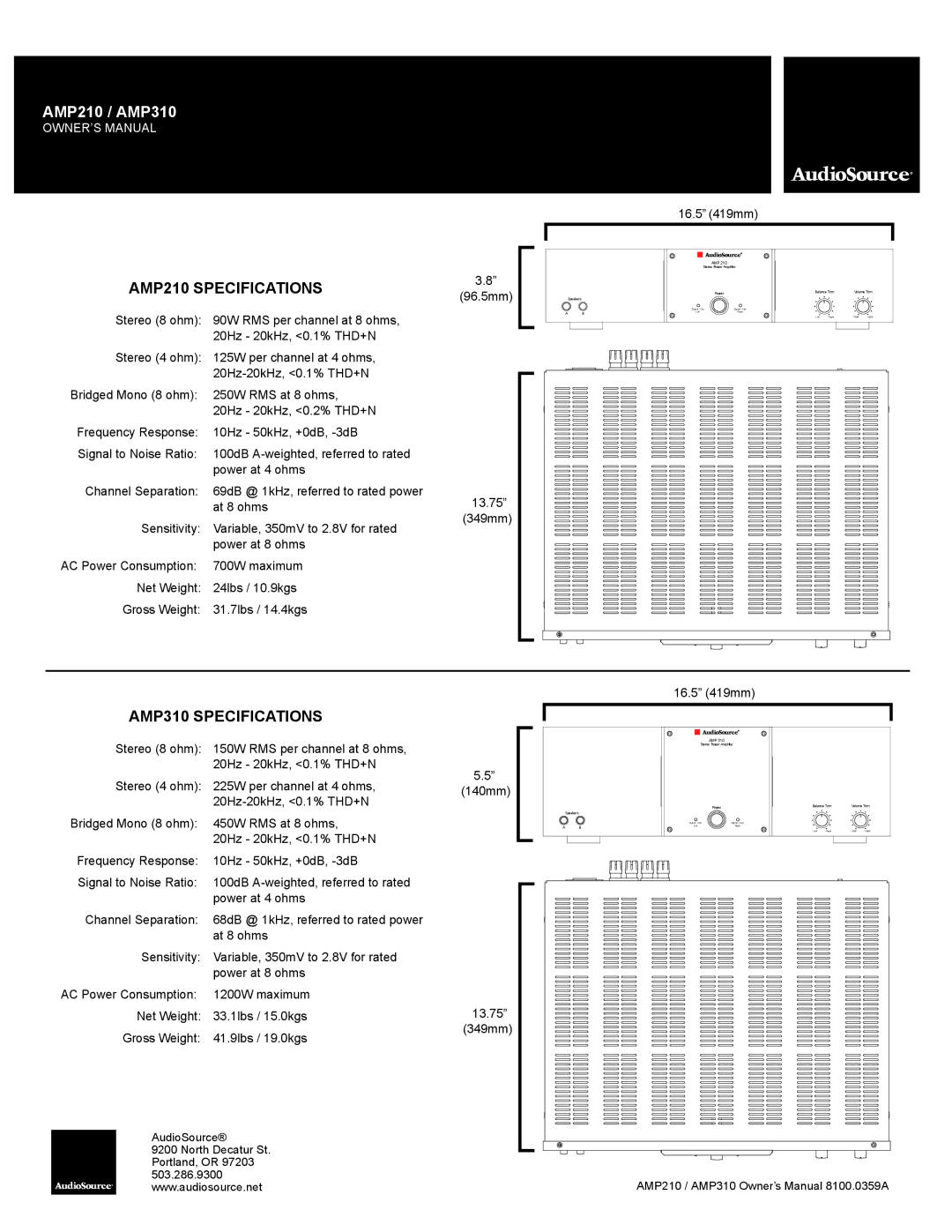 AudioSource AMP210 / AMP310 owner manual AMP210 Specifications 