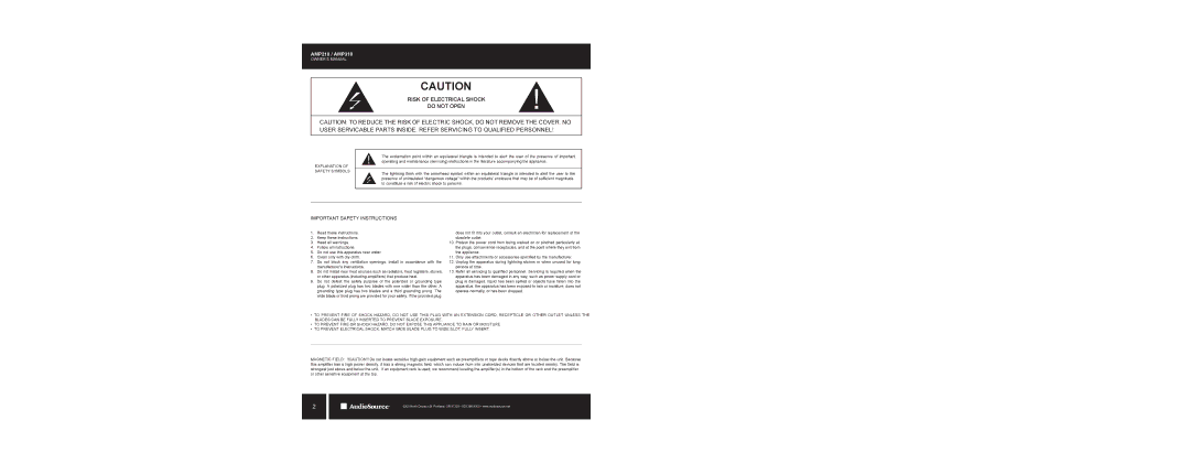 AudioSource AMP210 / AMP310 owner manual Risk of Electrical Shock Do not Open, Explanation of Safety Symbols 