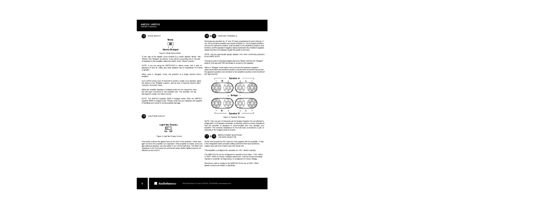 AudioSource AMP210 / AMP310 owner manual Mode Switch, 15 & 16 Speaker Terminals, Light BAR Display, Mains Power INLET/FUSE 