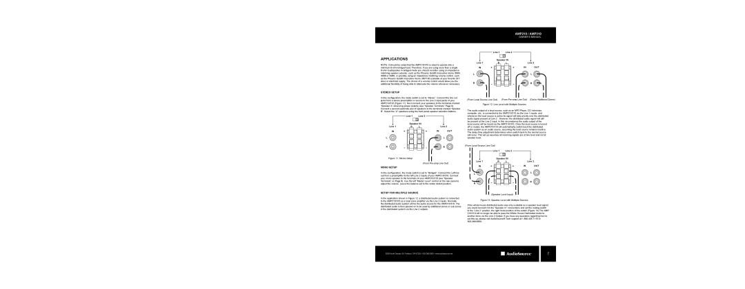 AudioSource AMP210 / AMP310 owner manual Stereo Setup, Mono Setup, Setup for Multiple Source 