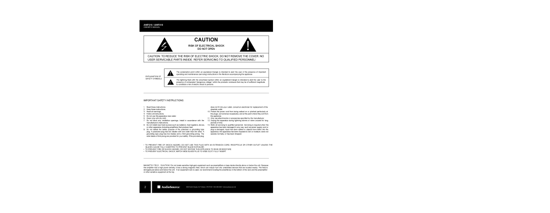 AudioSource AMP210 / AMP310 owner manual Important Safety Instructions, Risk Of Electrical Shock Do Not Open 