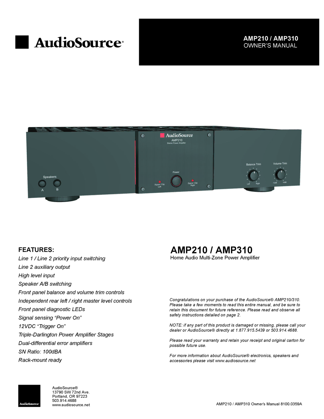 AudioSource owner manual AMP210 / AMP310 