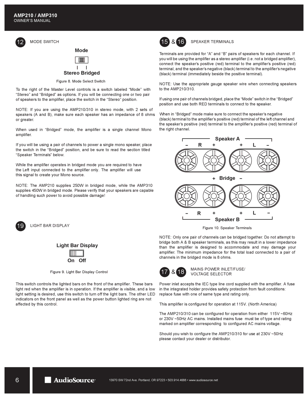 AudioSource AMP310 Mode Switch, 15 & 16 Speaker Terminals, Light BAR Display, Mains Power INLET/FUSE, Voltage Selector 