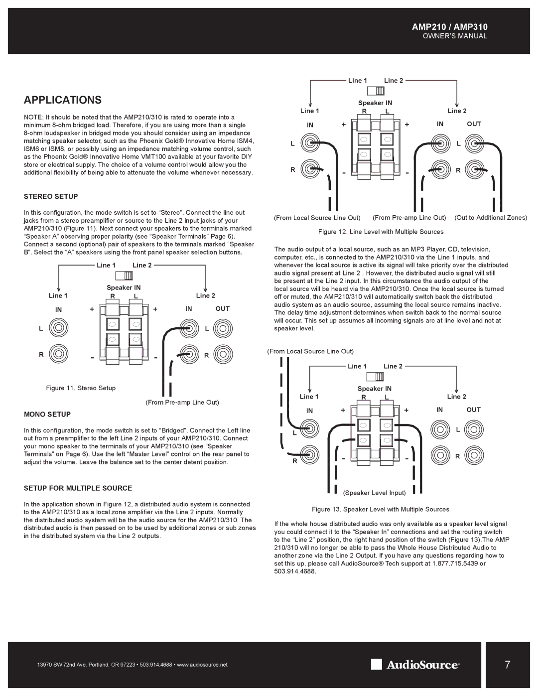 AudioSource AMP210, AMP310 owner manual Stereo Setup, Mono Setup, Setup for Multiple Source 