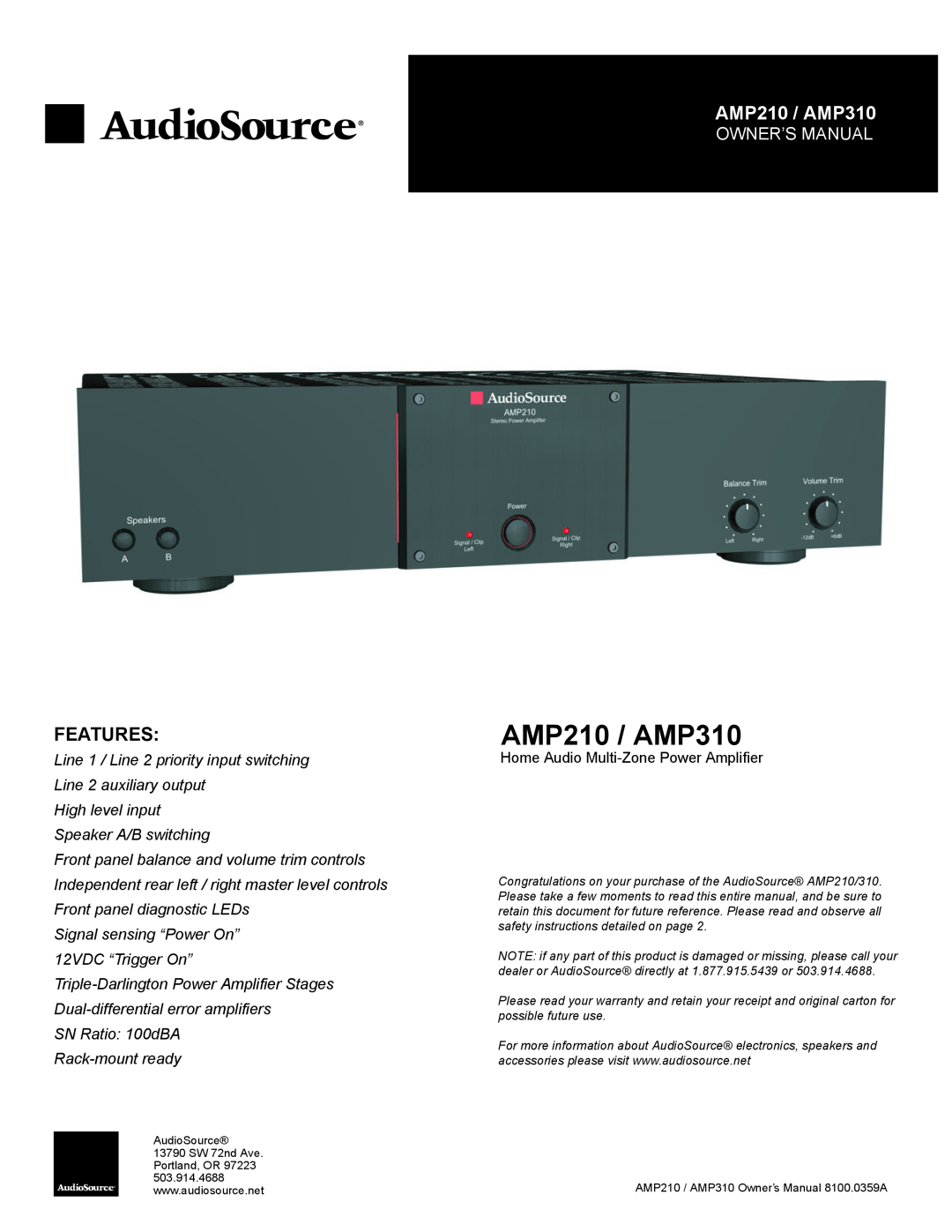 AudioSource owner manual AMP210 / AMP310, Features 