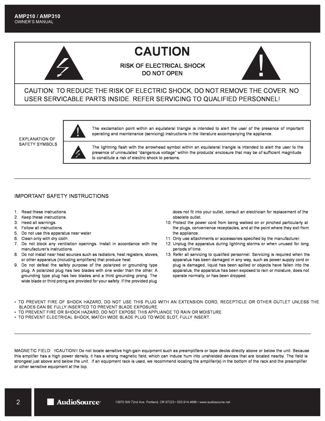 AudioSource owner manual AMP210 / AMP310, Important Safety Instructions, Risk Of Electrical Shock Do Not Open 
