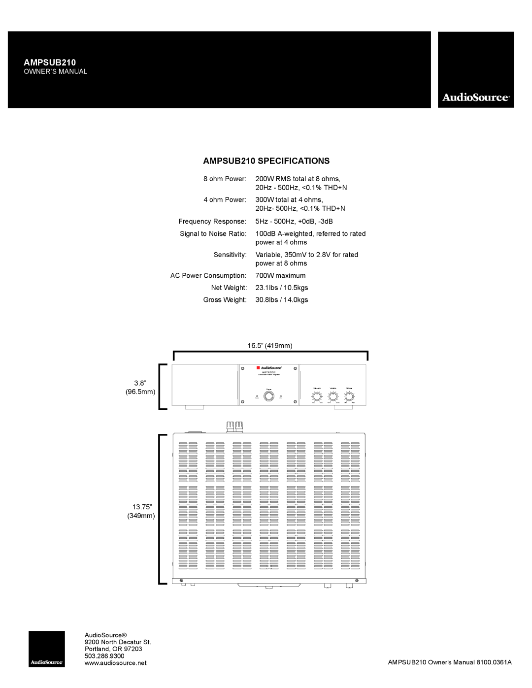 AudioSource owner manual AMPSUB210 Specifications 