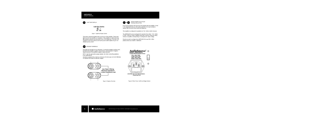 AudioSource AMPSUB210 owner manual Light BAR Display, Speaker Terminals Mains Power INLET/FUSE Voltage Selector 