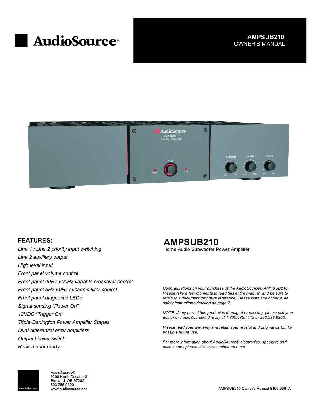 AudioSource AMPSUB210 owner manual Features, Owner’S Manual 