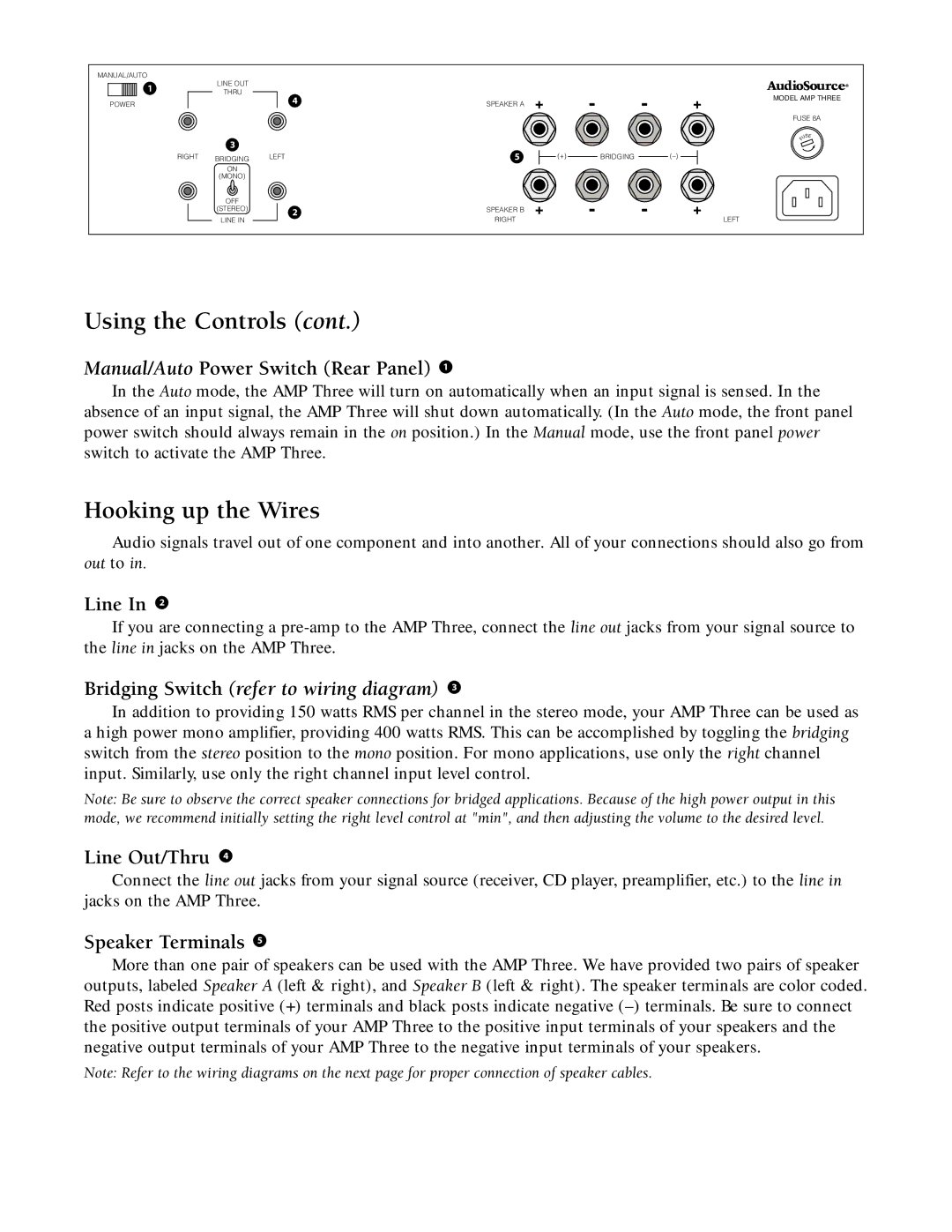 AudioSource AmpThree Hooking up the Wires, Manual/Auto Power Switch Rear Panel, Line Out/Thru, Speaker Terminals 