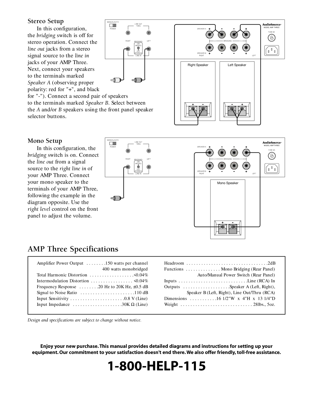 AudioSource AmpThree owner manual AMP Three Specifications, Stereo Setup, Mono Setup 