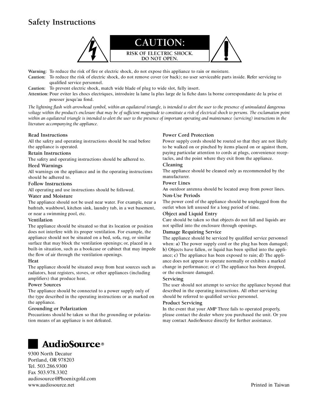 AudioSource AmpThree owner manual Safety Instructions, Risk of Electric Shock Do not Open 