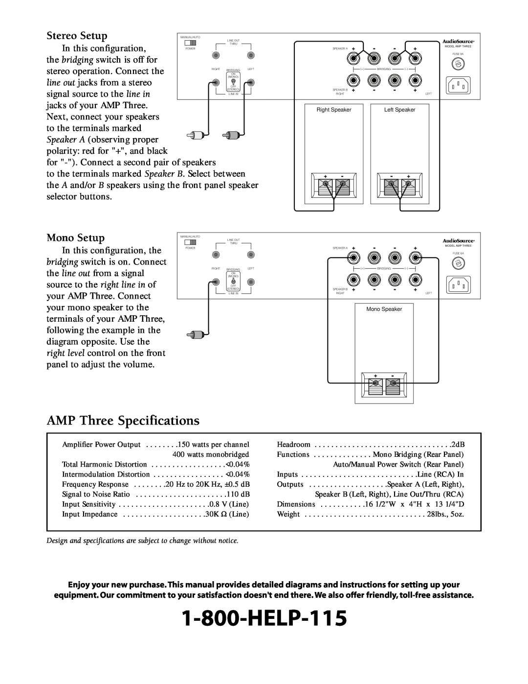 AudioSource AmpThree owner manual AMP Three Specifications, Stereo Setup, Mono Setup 