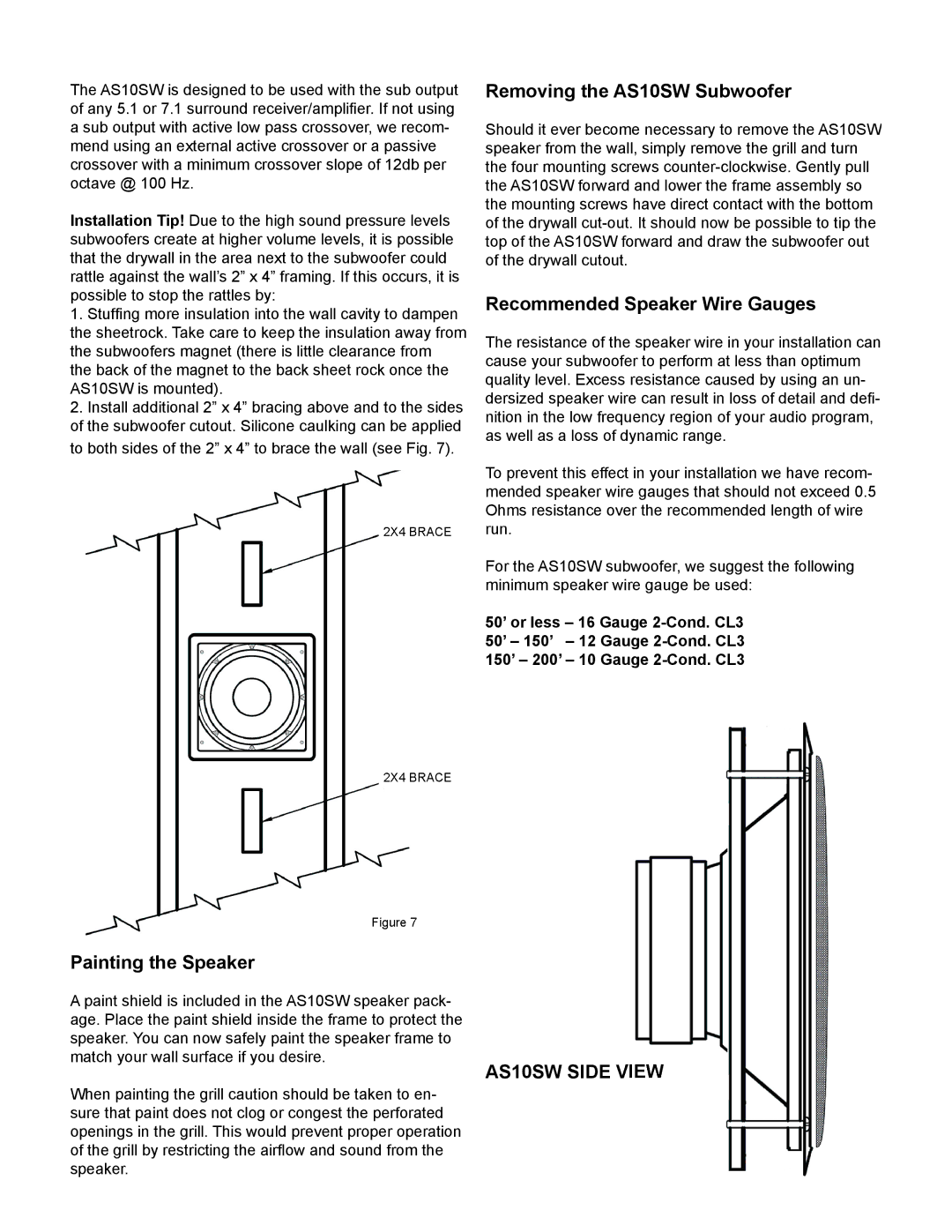 AudioSource 10 In-Wall Subwoofer Removing the AS10SW Subwoofer, Recommended Speaker Wire Gauges, Painting the Speaker 