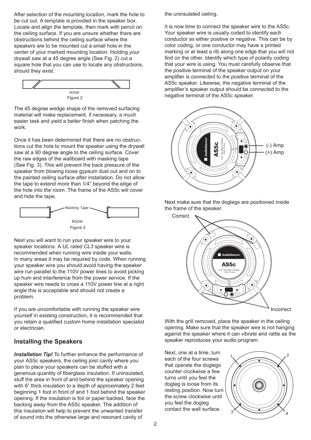 AudioSource AS5C, AS5c 5.25 2-Way In-Ceiling Speakers installation manual Installing the Speakers 