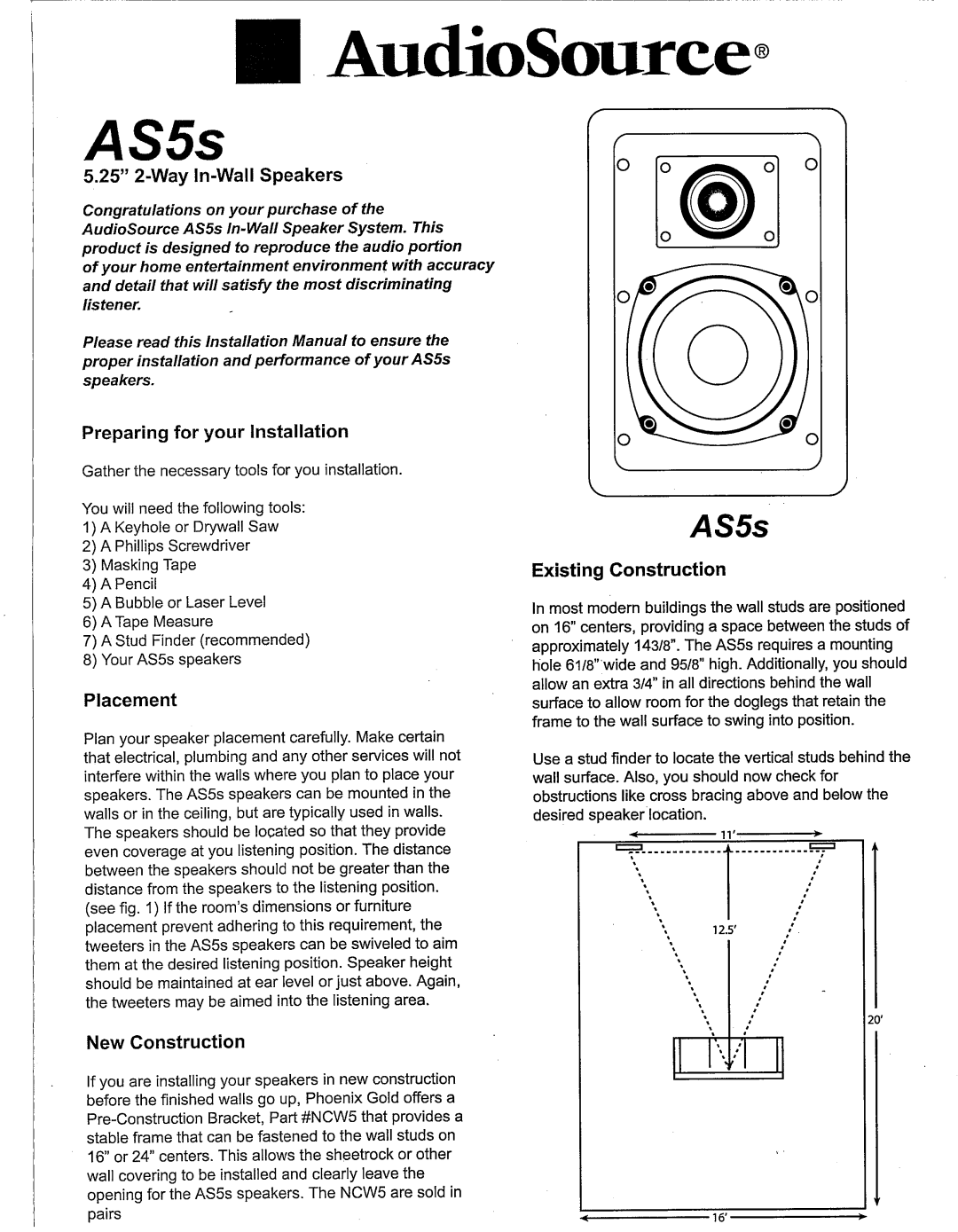 AudioSource 5.25" 2-Way In-Wall Speakers, AS5s manual 