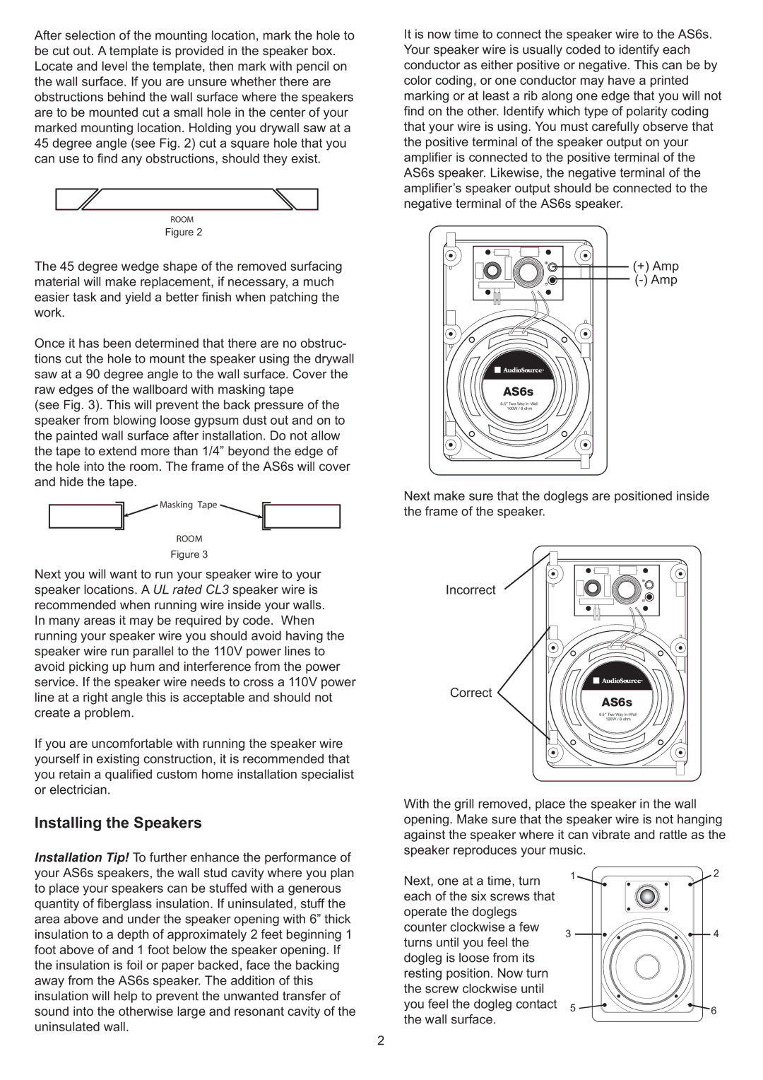 AudioSource AS6s, AudioSource 6.5 2-Way In-Wall Speaker System installation manual Installing the Speakers 