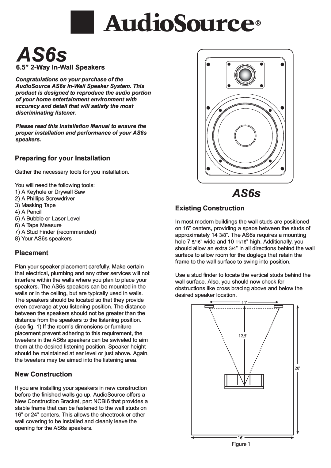 AudioSource 6.5" 2-Way In-Wall Speakers, AS6s manual 