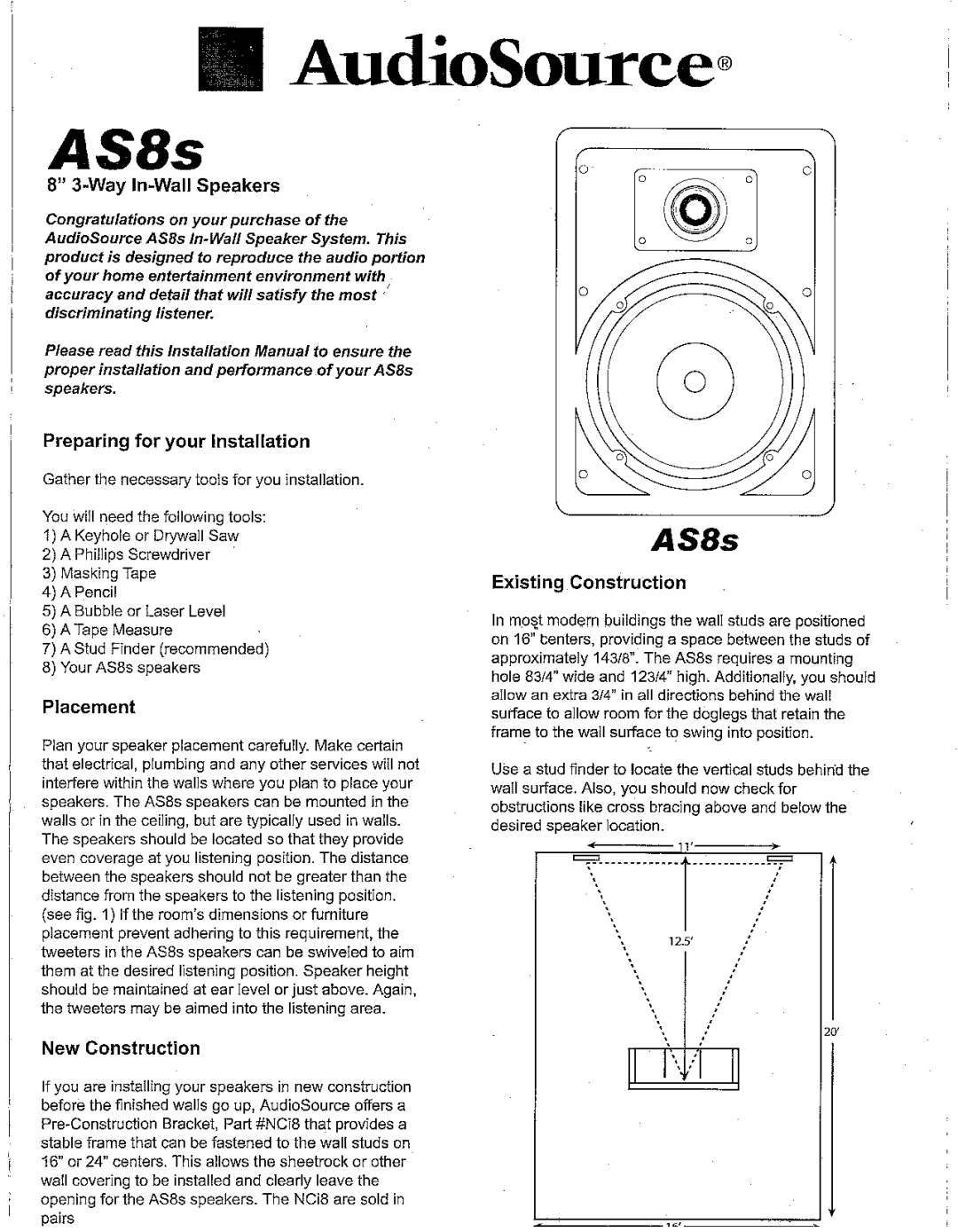 AudioSource AudioSource 8 3-Way In-Wall Speakers, AS8s manual 