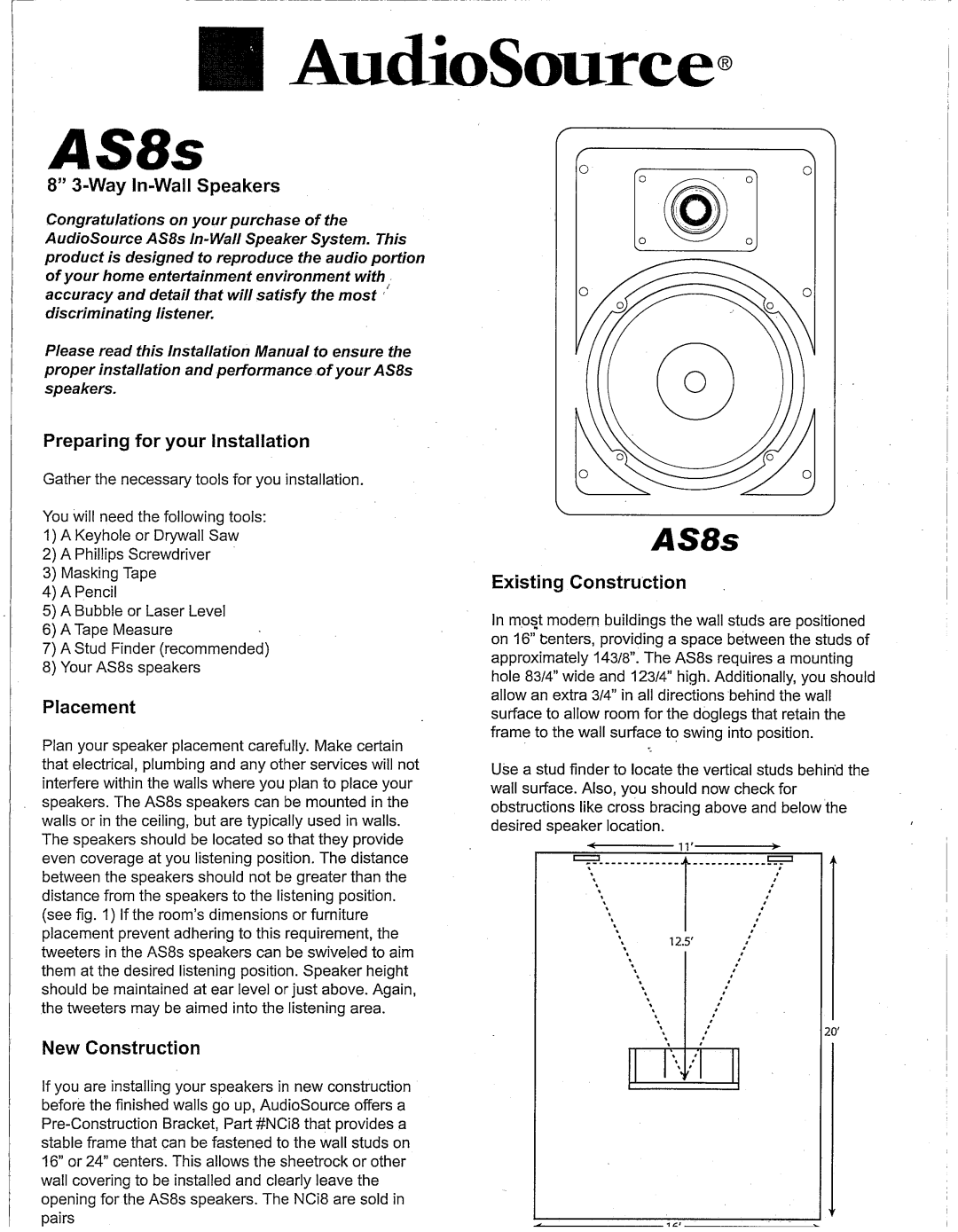 AudioSource AudioSource 8" 3-Way In-Wall Speakers, AS8s manual 