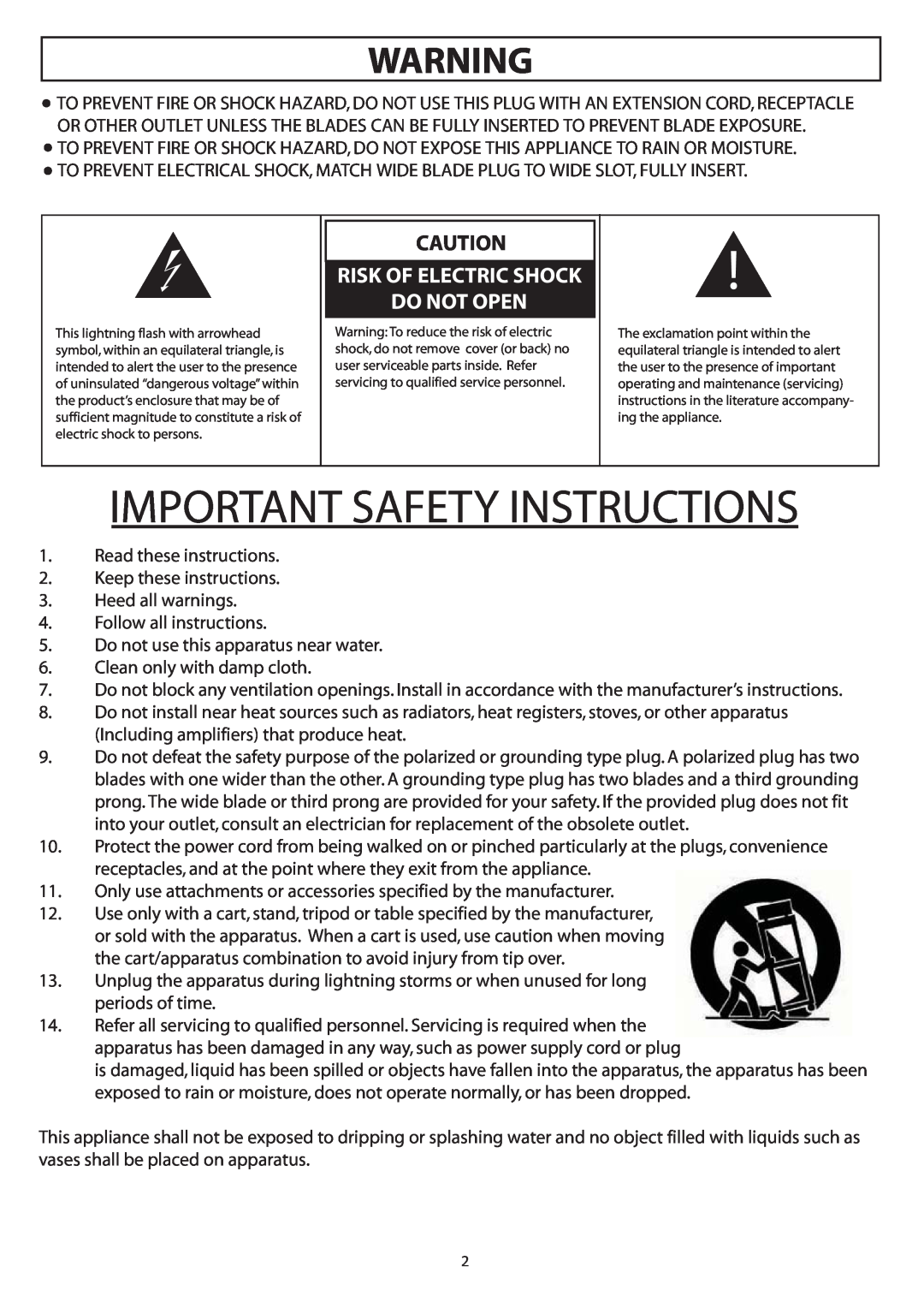 AudioSource AST-SUB10S user manual Important Safety Instructions, Do Not Open, Risk Of Electric Shock 