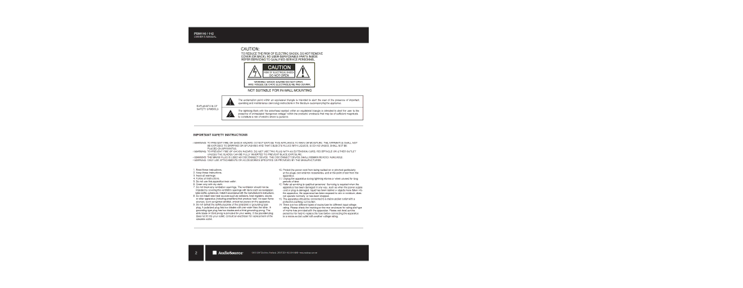 AudioSource PSW110/112, AudioSource Home Audio Powered Subwoofer owner manual Important Safety Instructions 