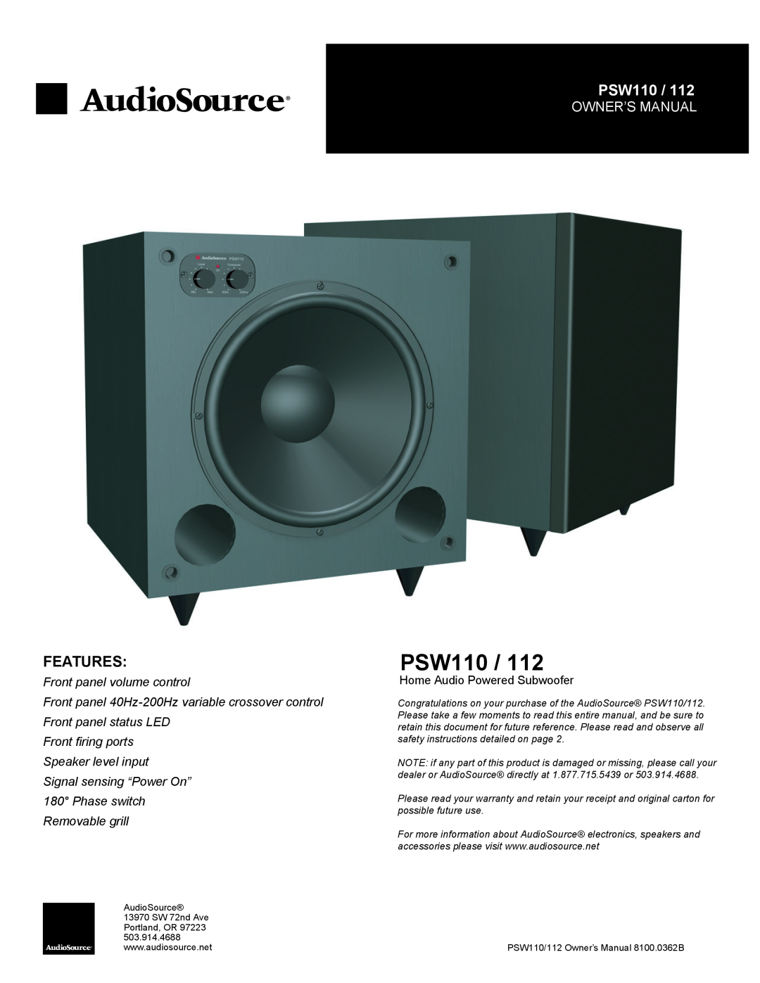 AudioSource AudioSource Home Audio Powered Subwoofer, PSW110/112 owner manual Features 