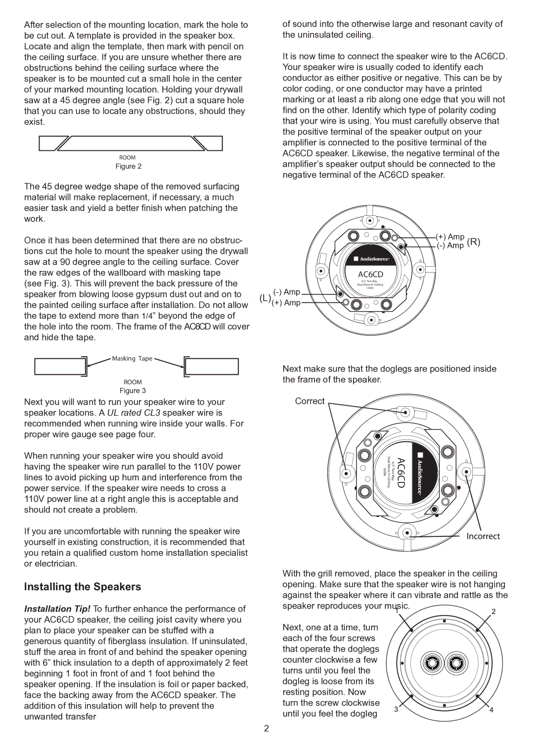 AudioSource AudioSource In-Ceiling Speaker System installation manual Installing the Speakers, AC6CD 