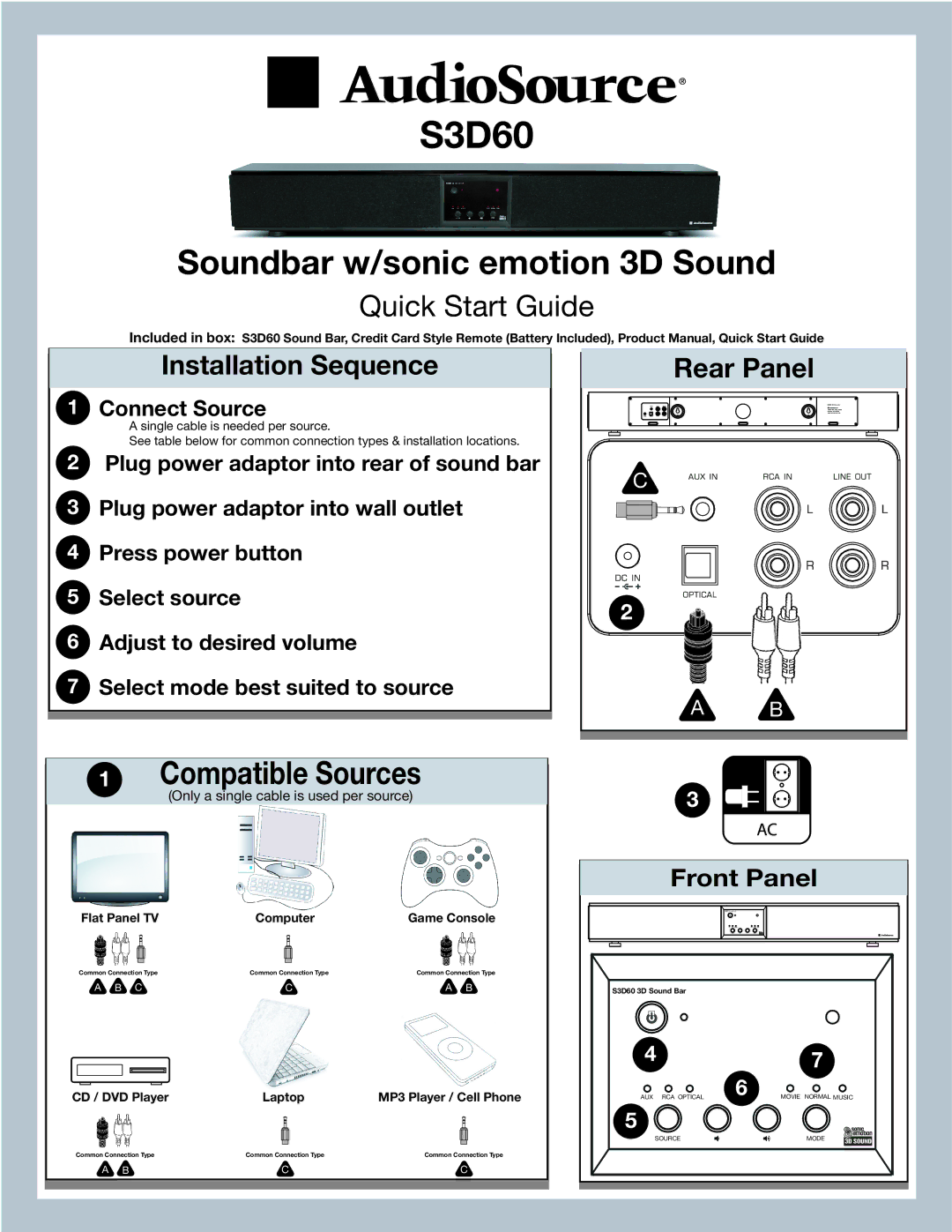 AudioSource AudioSource Soundbar w/sonic emotion 3D Sound quick start S3D60, Compatible Sources, Quick Start Guide 