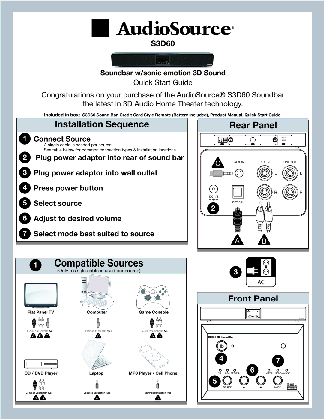 AudioSource AudioSource Soundbar w/sonic emotion 3D Sound quick start Compatible Sources, Installation Sequence, S3D60 
