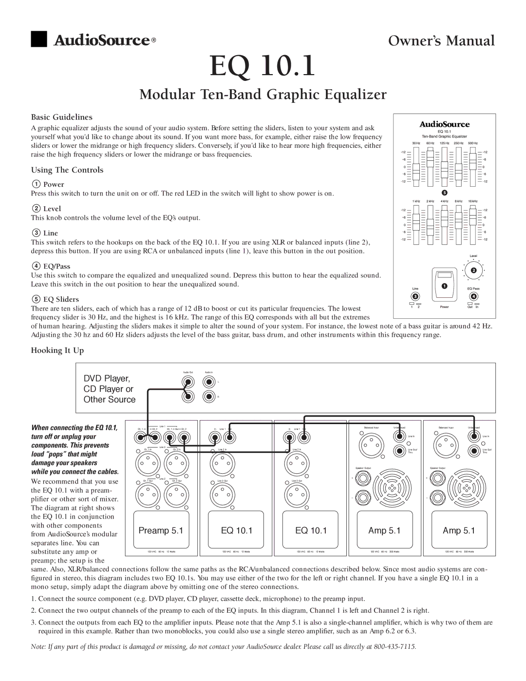 AudioSource Modular Ten-Band Graphic Equalizer, EQ 10.1 owner manual Basic Guidelines, Using The Controls, Hooking It Up 