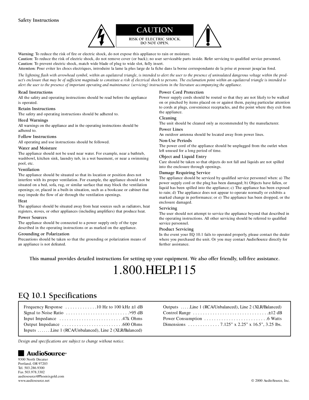 AudioSource EQ 10.1, Modular Ten-Band Graphic Equalizer owner manual Safety Instructions 