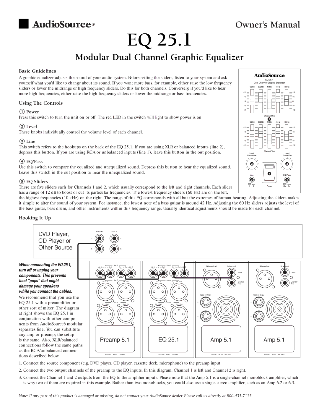 AudioSource Modular Dual Channel Graphic Equalizer owner manual Basic Guidelines, Using The Controls, Hooking It Up 