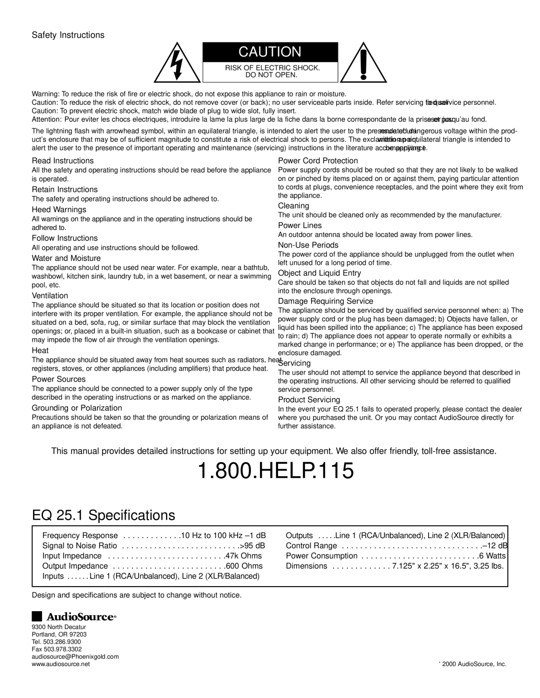 AudioSource EQ 25.1, Modular Dual Channel Graphic Equalizer owner manual Safety Instructions 