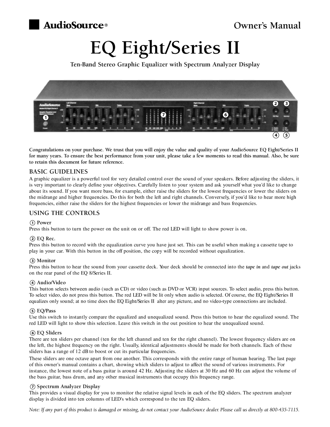 AudioSource EQ Eight/Series II owner manual Basic Guidelines, Using the Controls 