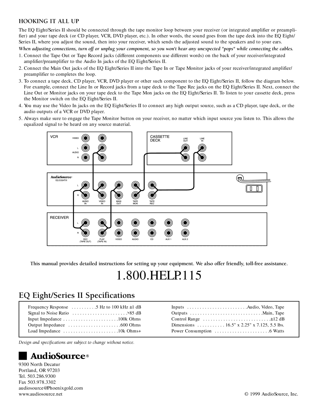 AudioSource EQ Eight/Series II owner manual HELP.115, Hooking IT ALL UP 