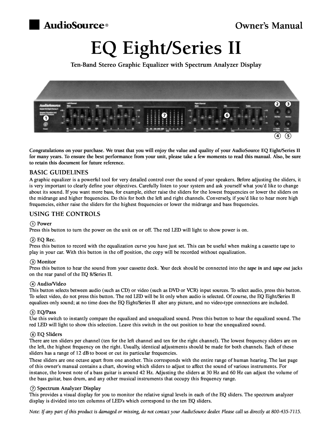 AudioSource EQ Eight/Series II owner manual Basic Guidelines, Using The Controls, 1Power, 2EQ Rec, 3Monitor, 4Audio/Video 